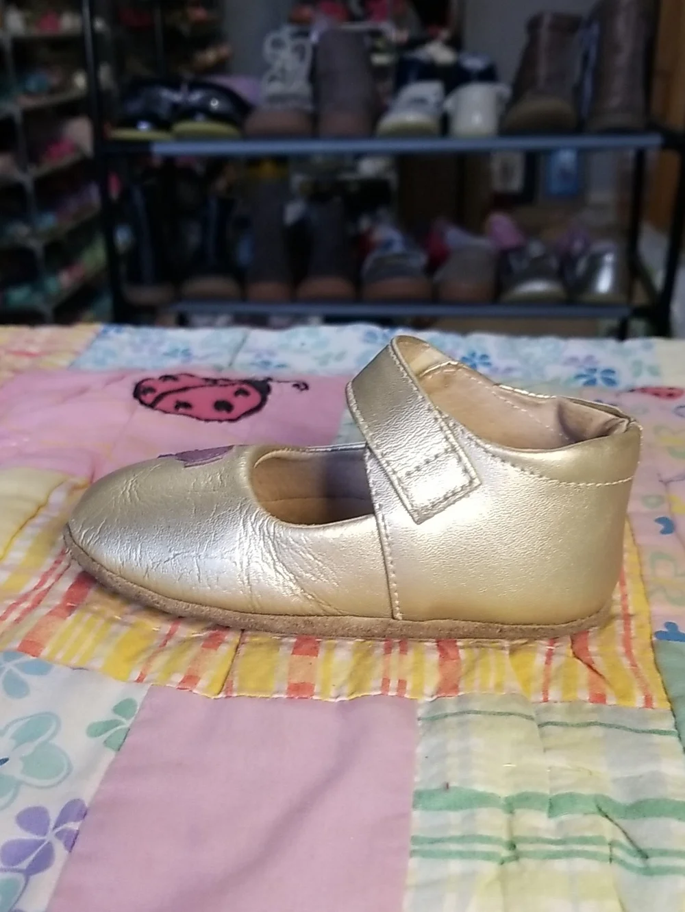 Livie & Luca Metallic Gold Leather Mary Janes with Purple Bird 12-18 Month Pio